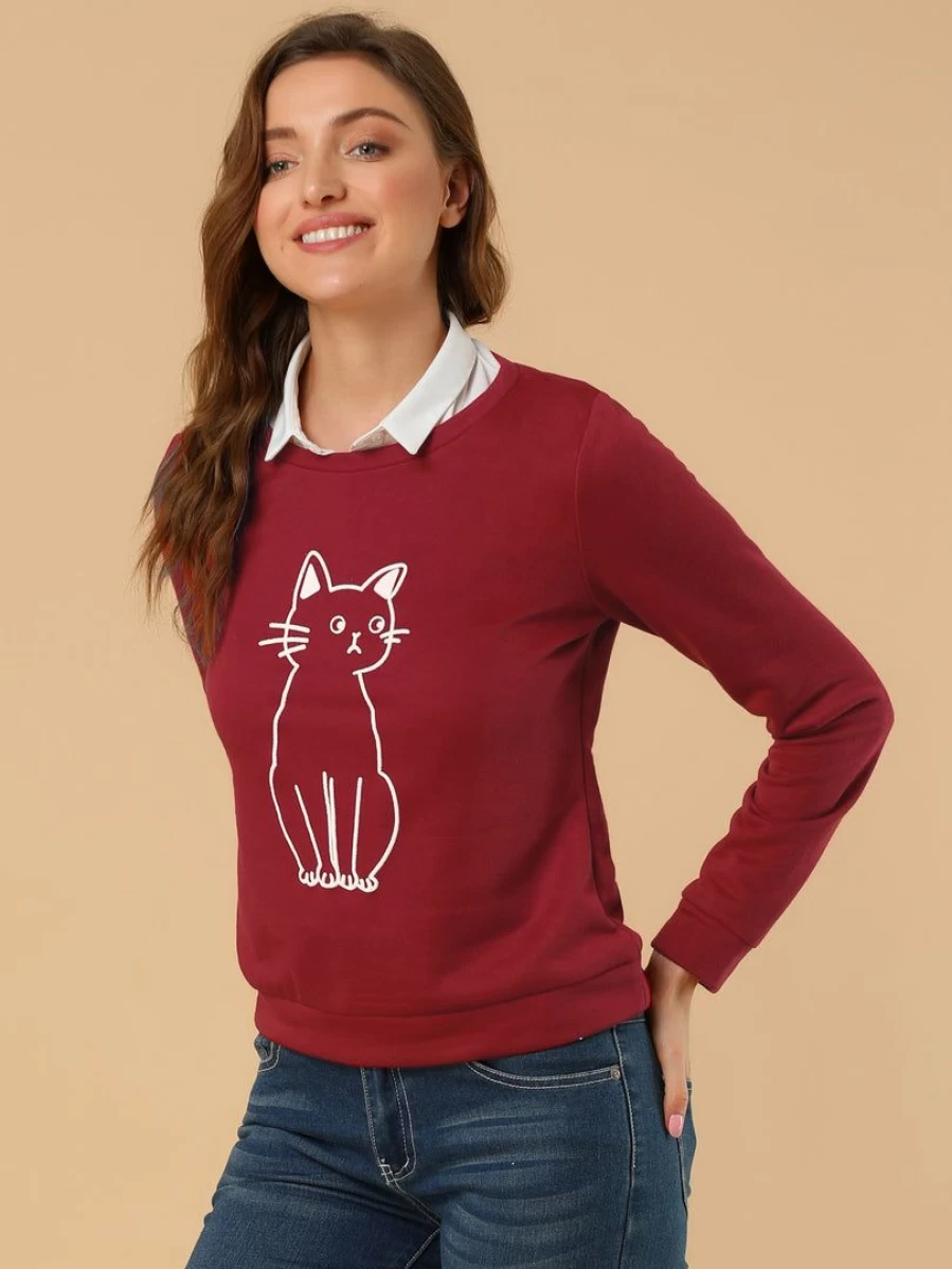 "Stylish Round Neck Cat Print Sweatshirt - Casual Comfort Pullover for Cat Lovers"