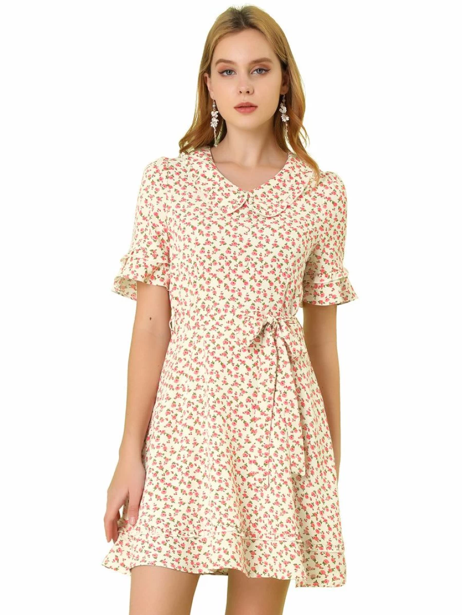 White Floral Peter Pan Collar Women's Dress with Ruffle Hem and Belted Waist