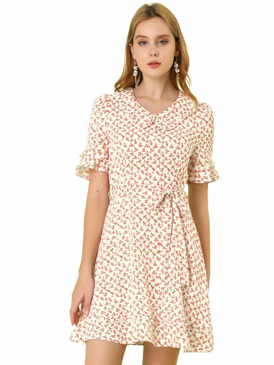 White Floral Peter Pan Collar Women's Dress with Ruffle Hem and Belted Waist