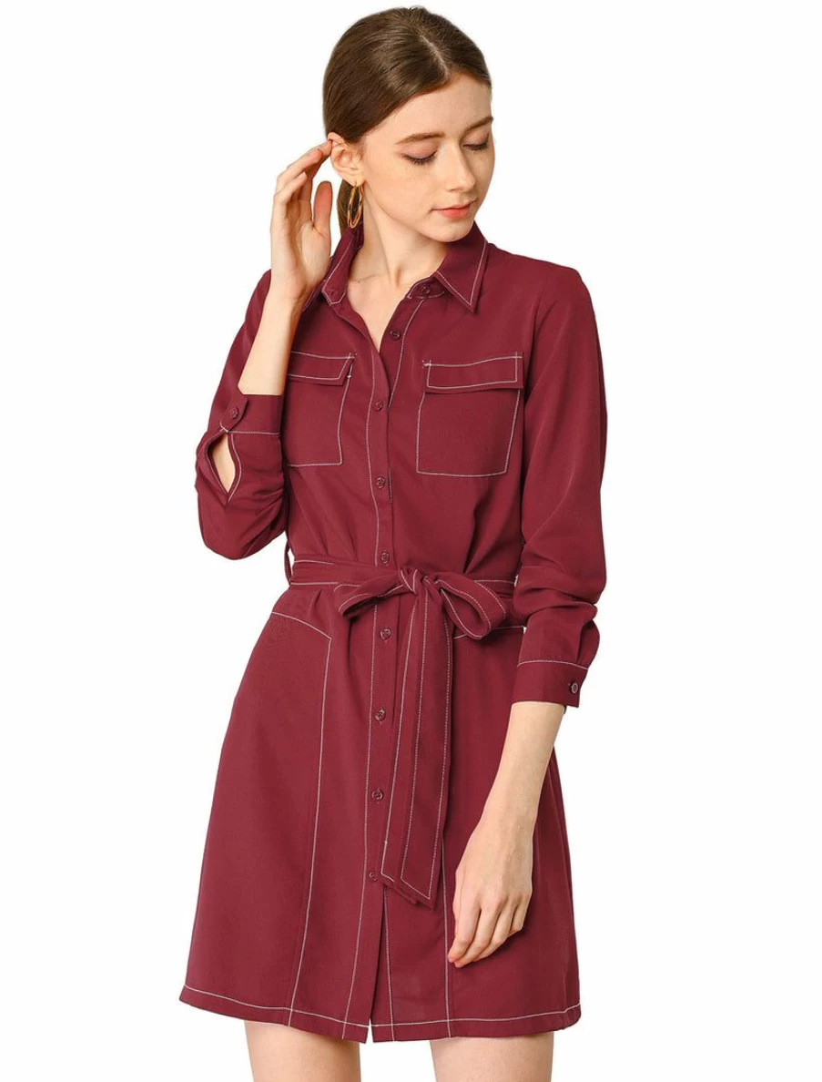Elegant Contrast Stitch Belted Shirt Dress with Long Sleeves and Button Up Design