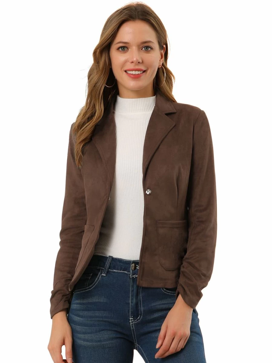 Women's Brown Faux Suede Long Sleeve Open Front Blazer with Drawstring Casual Jacket