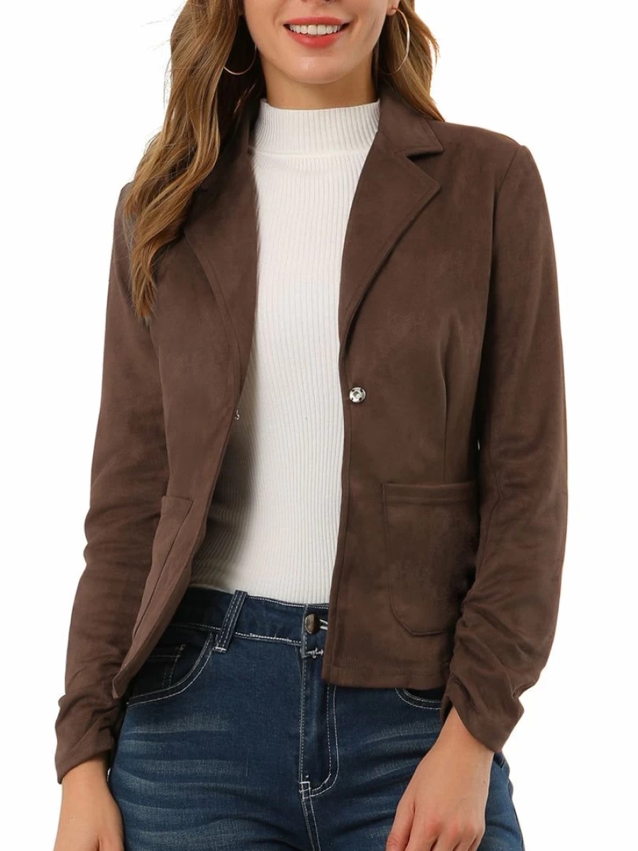 Women's Brown Faux Suede Long Sleeve Open Front Blazer with Drawstring Casual Jacket