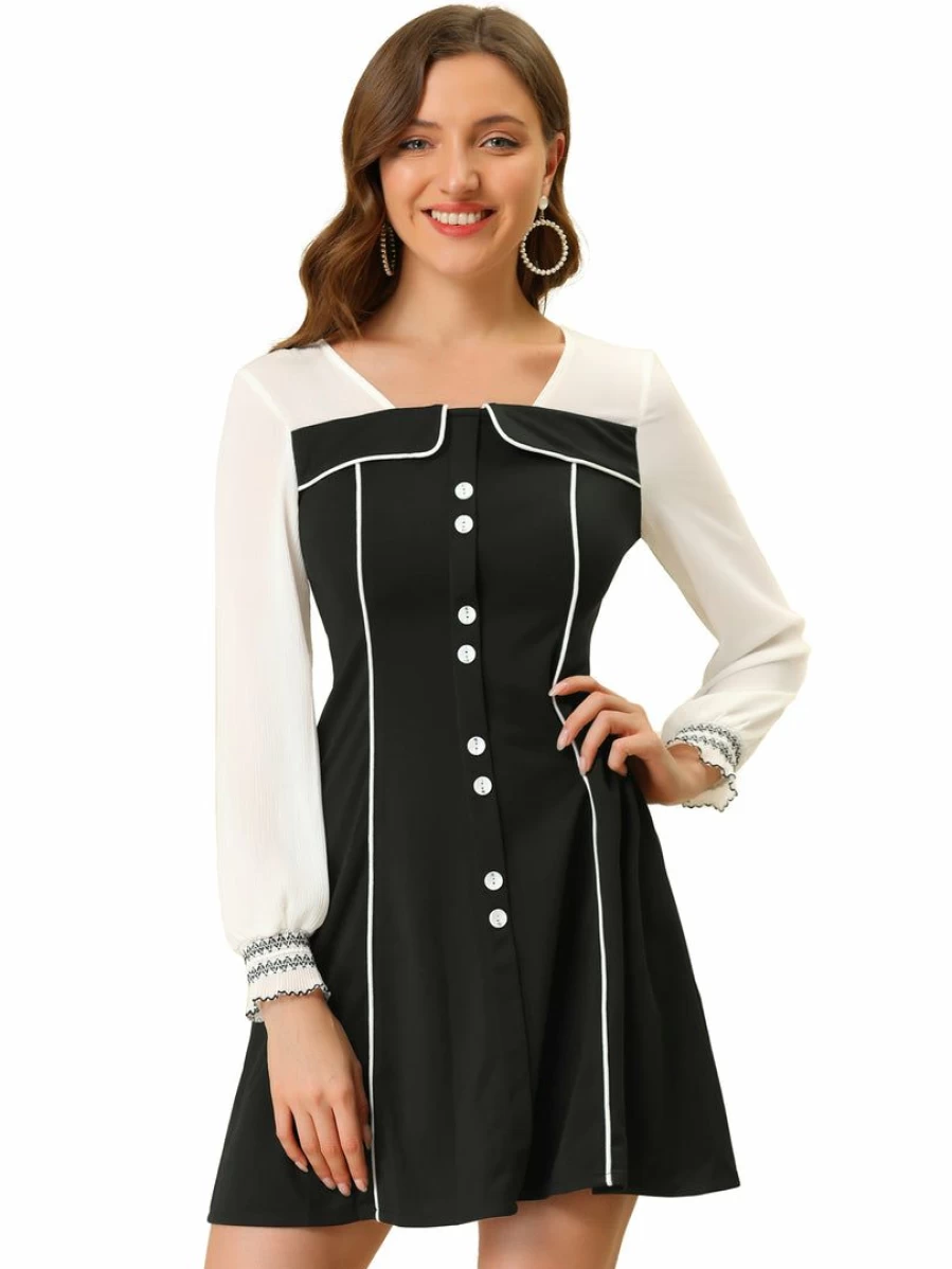 Black Elegant Sheer Ruffled Sleeve Chiffon Dress with Contrast Collar for Women