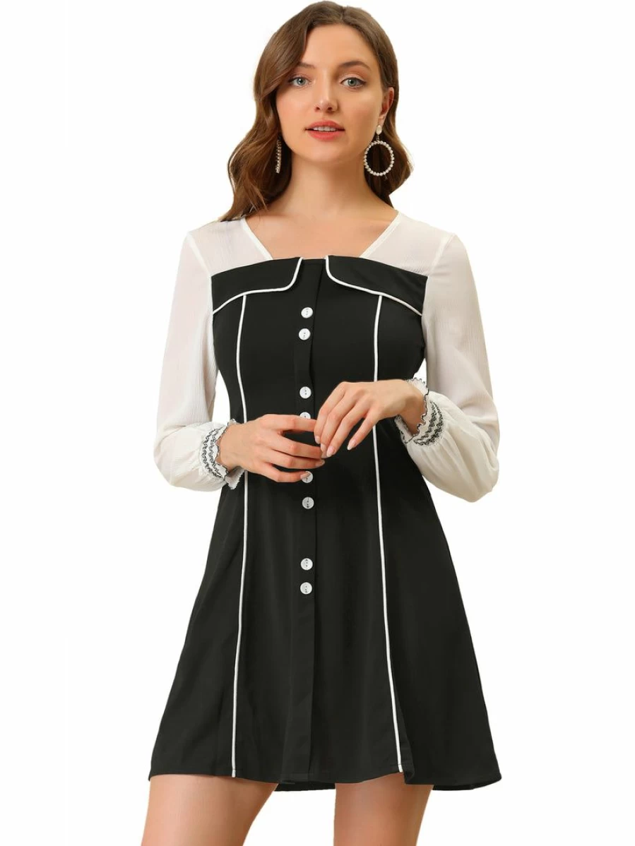 Black Elegant Sheer Ruffled Sleeve Chiffon Dress with Contrast Collar for Women
