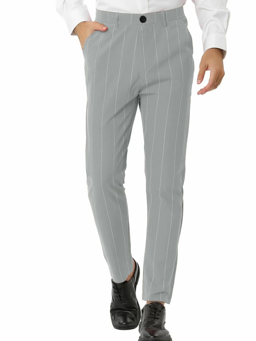 Men's Slim Fit Striped Dress Pants - Flat Front Business Trousers with Pockets