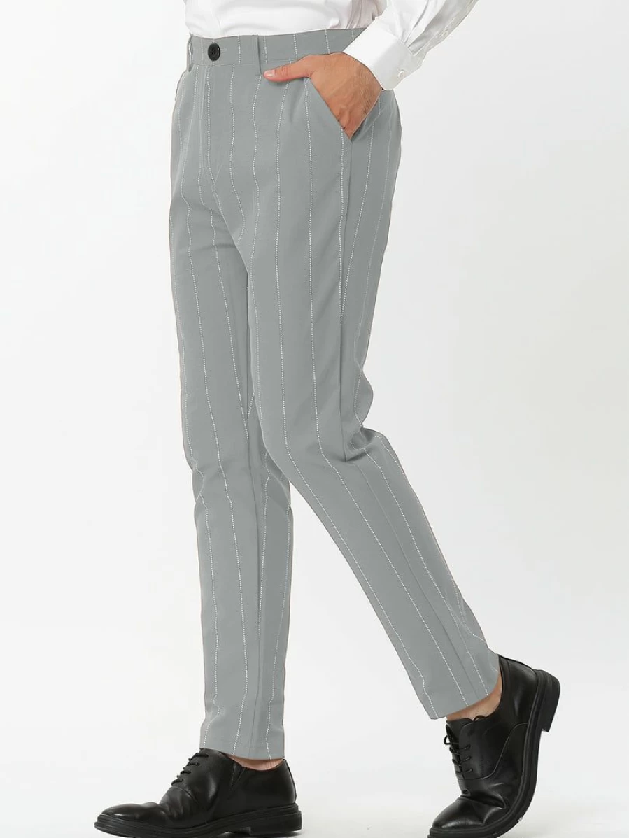 Men's Slim Fit Striped Dress Pants - Flat Front Business Trousers with Pockets