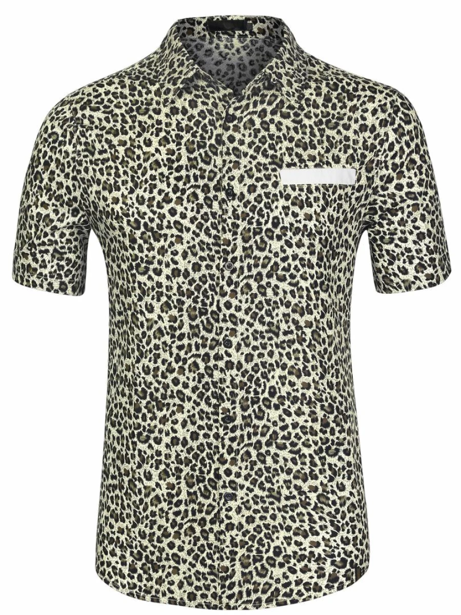 Men's Summer Short Sleeve Button Down Shirt with Contrast Pocket Print