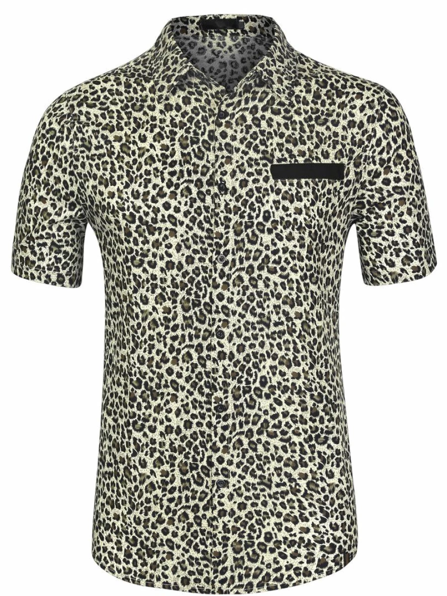 Men's Summer Short Sleeve Button Down Shirt with Contrast Pocket Print