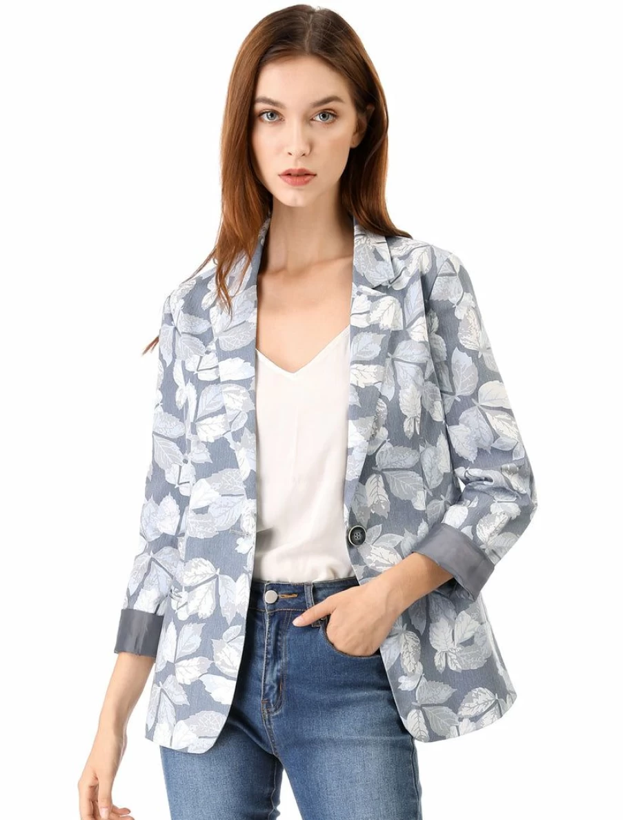 Women's Grey Classic Single-Button Leaf Print Suit Blazer - Elegant Office Jacket
