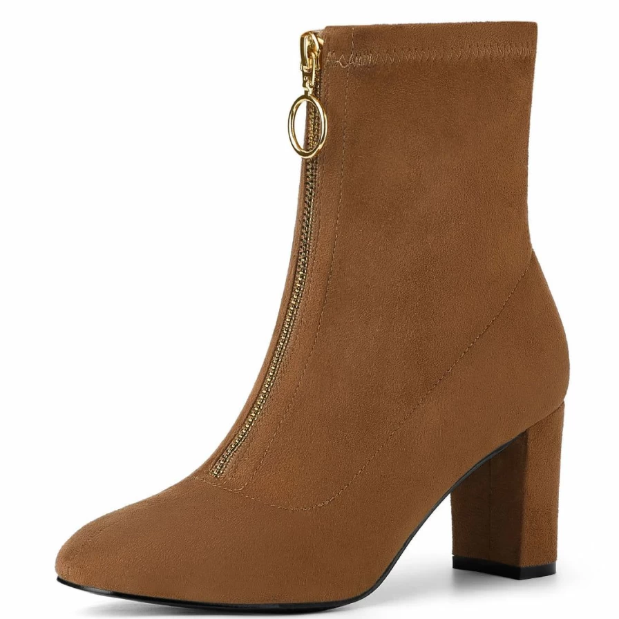 Women's Chunky High Heel Ankle Boots with Front Zipper - Stylish Comfort Footwear