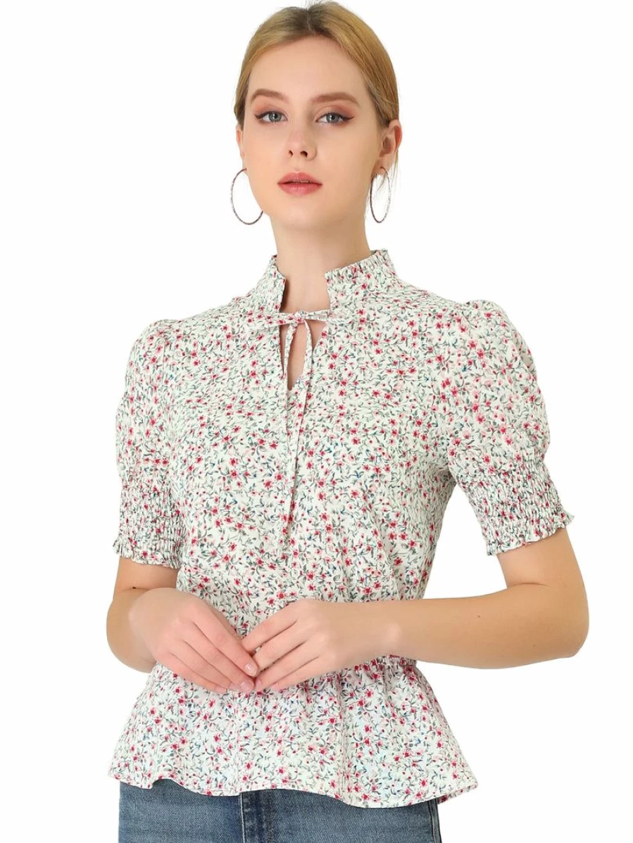 Women's Floral Peplum Top with Ruffle Neck and Smocked Tie Front Detail
