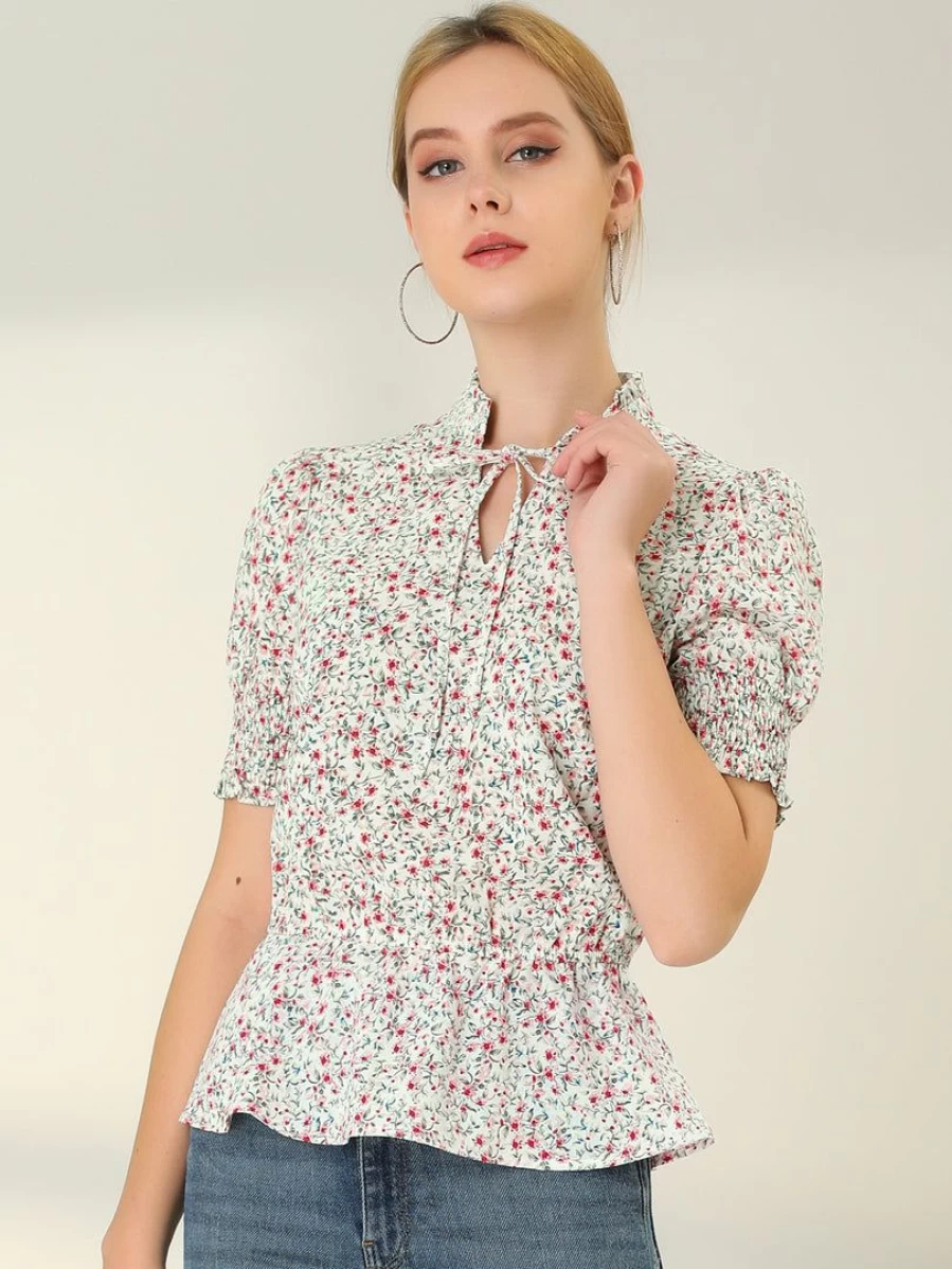 Women's Floral Peplum Top with Ruffle Neck and Smocked Tie Front Detail
