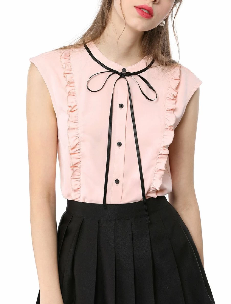 Allegra K Women's Chiffon Blouse with Tie Neck and Ruffle Detail Sleeveless Button-Up Shirt