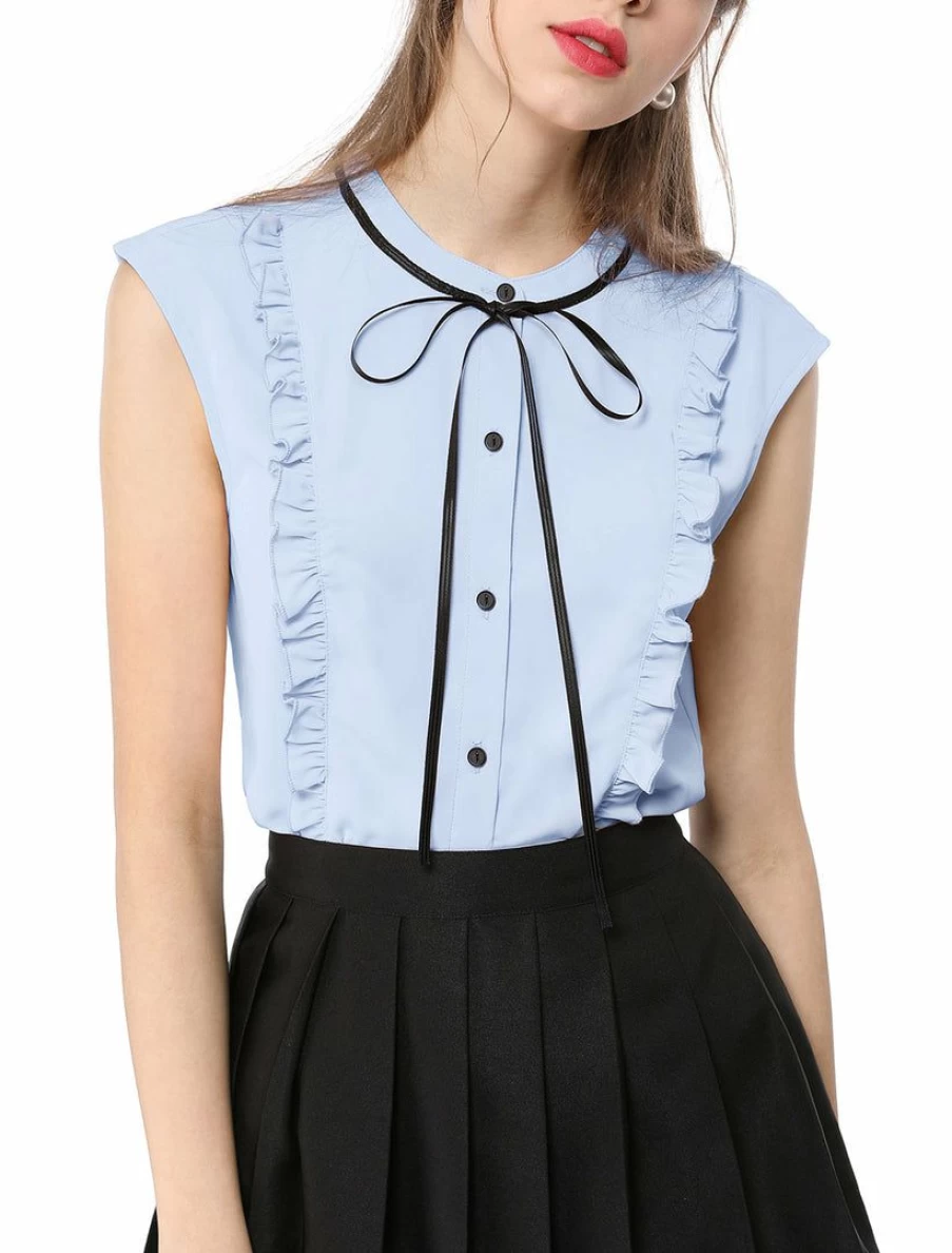 Allegra K Women's Chiffon Blouse with Tie Neck and Ruffle Detail Sleeveless Button-Up Shirt
