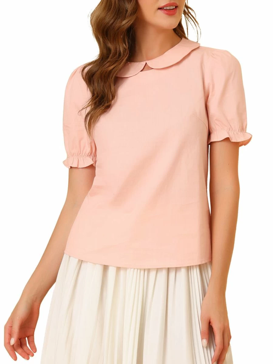 Women's Pink Retro Cotton Short Sleeve Peter Pan Collar Blouse - Vintage Inspired Top