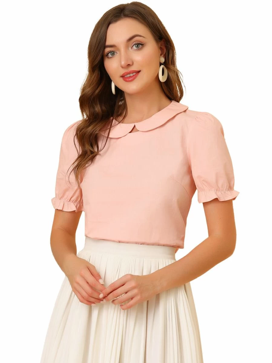 Women's Pink Retro Cotton Short Sleeve Peter Pan Collar Blouse - Vintage Inspired Top