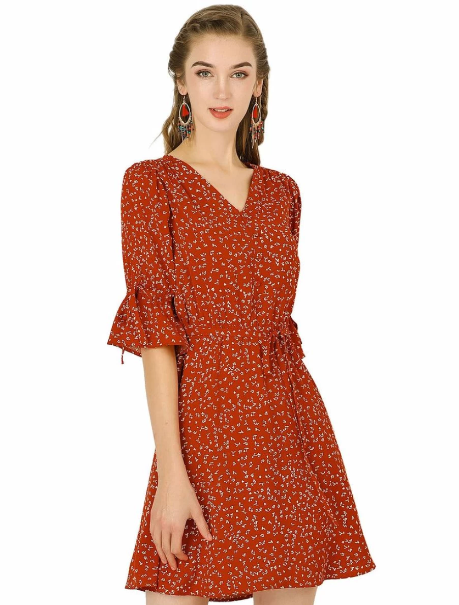 Allegra K Women's White Floral V-Neck Tie Waist A-Line Summer Dress