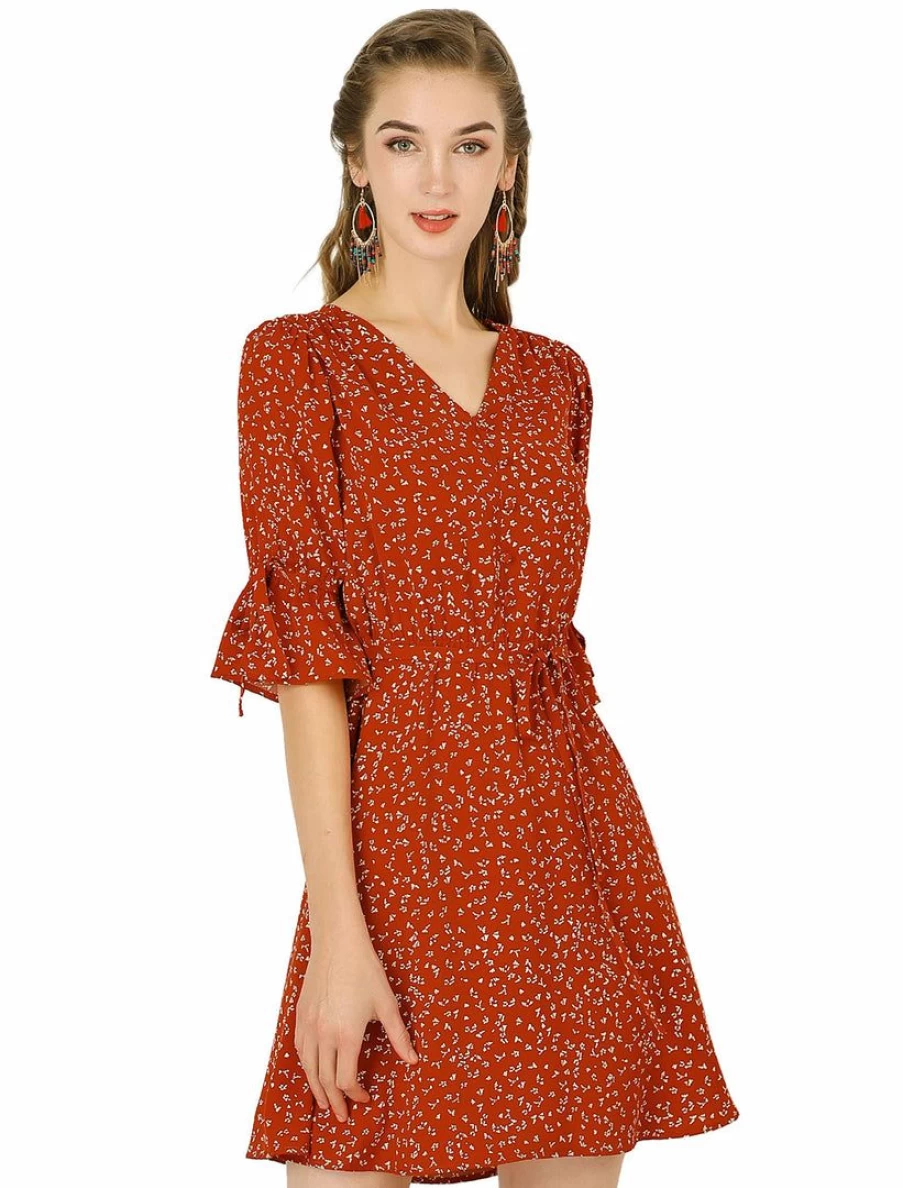 Allegra K Women's White Floral V-Neck Tie Waist A-Line Summer Dress
