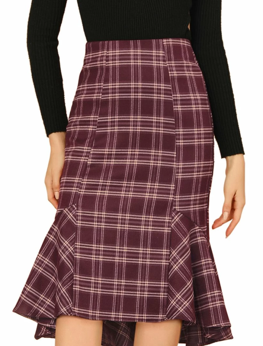 Allegra K Women's Vintage Red Plaid Print Midi Skirt with High-Low Ruffle Hem and Fishtail Design