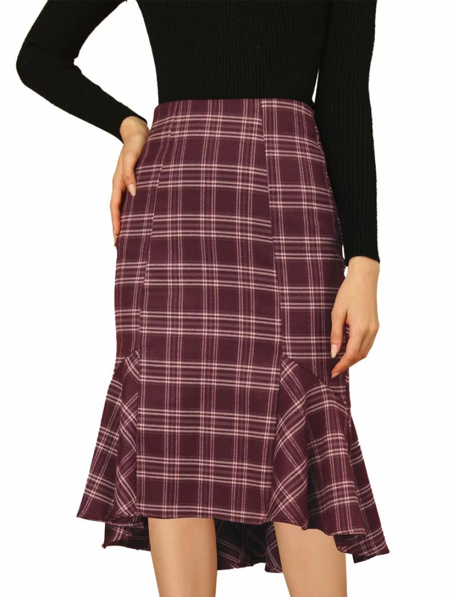 Allegra K Women's Vintage Red Plaid Print Midi Skirt with High-Low Ruffle Hem and Fishtail Design