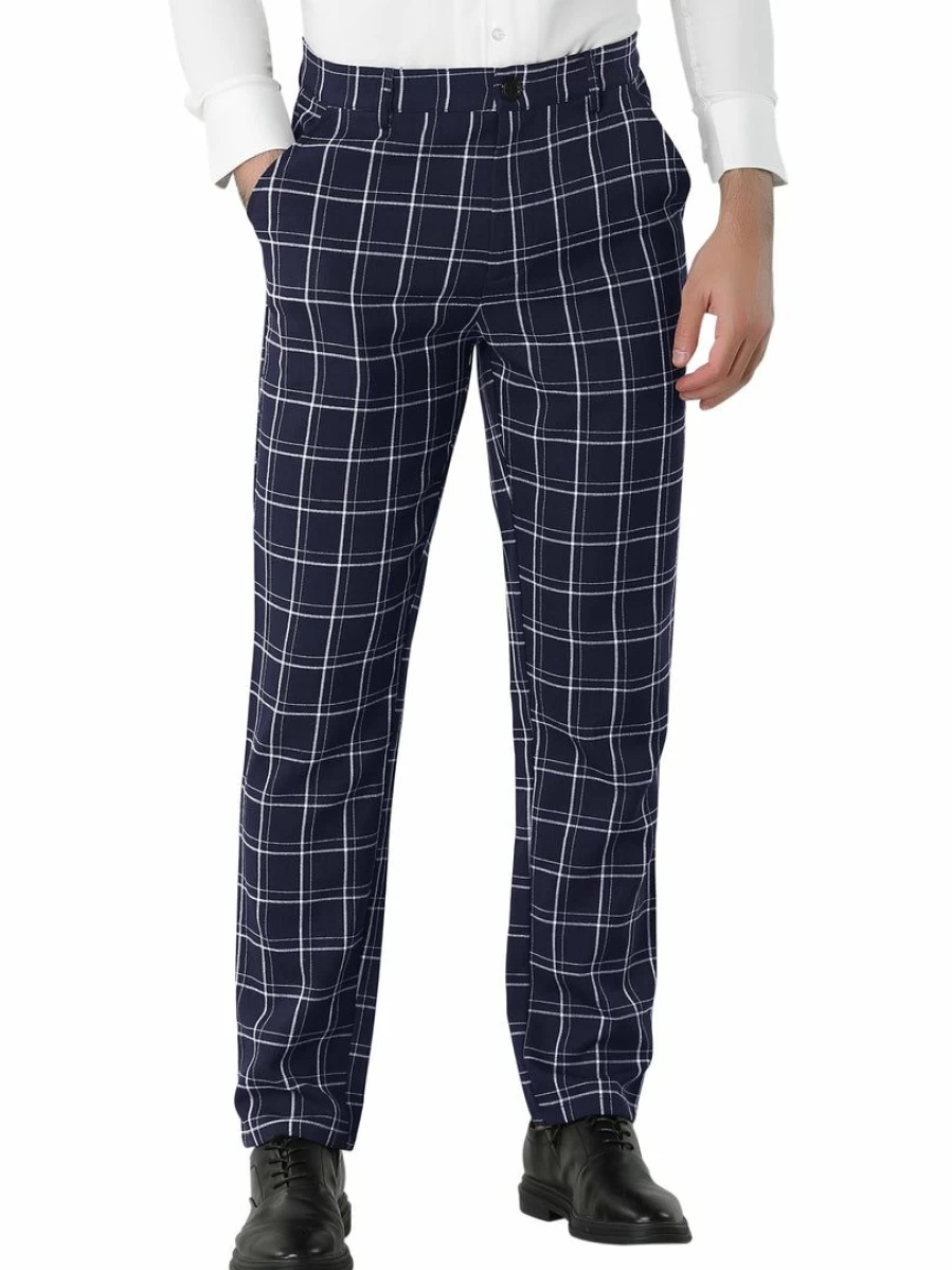 Men's Slim Fit Plaid Dress Pants for Business Flat Front Checkered Trousers