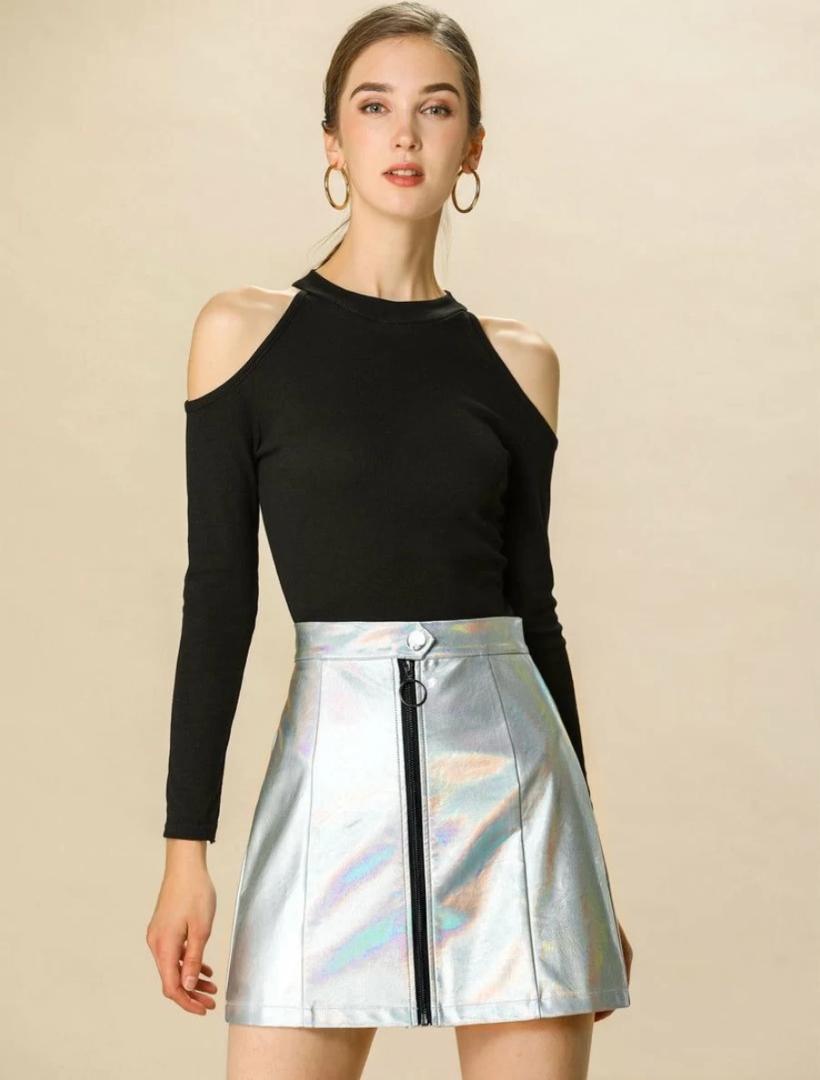 Women's Metallic Mini Skirt with Front Zipper - * Brand Fashion Skirt for Trendy Outfits