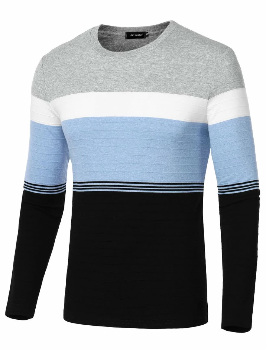 Men's Classic Long Sleeve Contrast Color Round Neck Basic Tee - Black, Blue, Gray Solid Casual Shirts