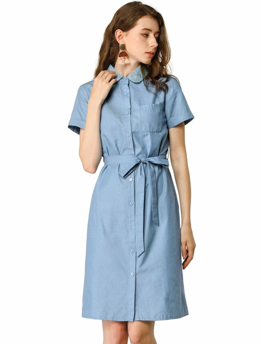 Women's Denim Shirt Dress with Peter Pan Collar & Belted Waist - Short Sleeve Shift Style