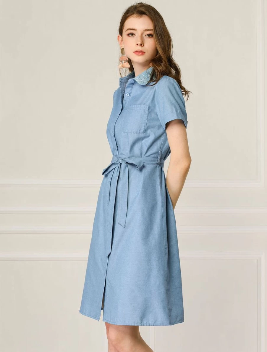 Women's Denim Shirt Dress with Peter Pan Collar & Belted Waist - Short Sleeve Shift Style