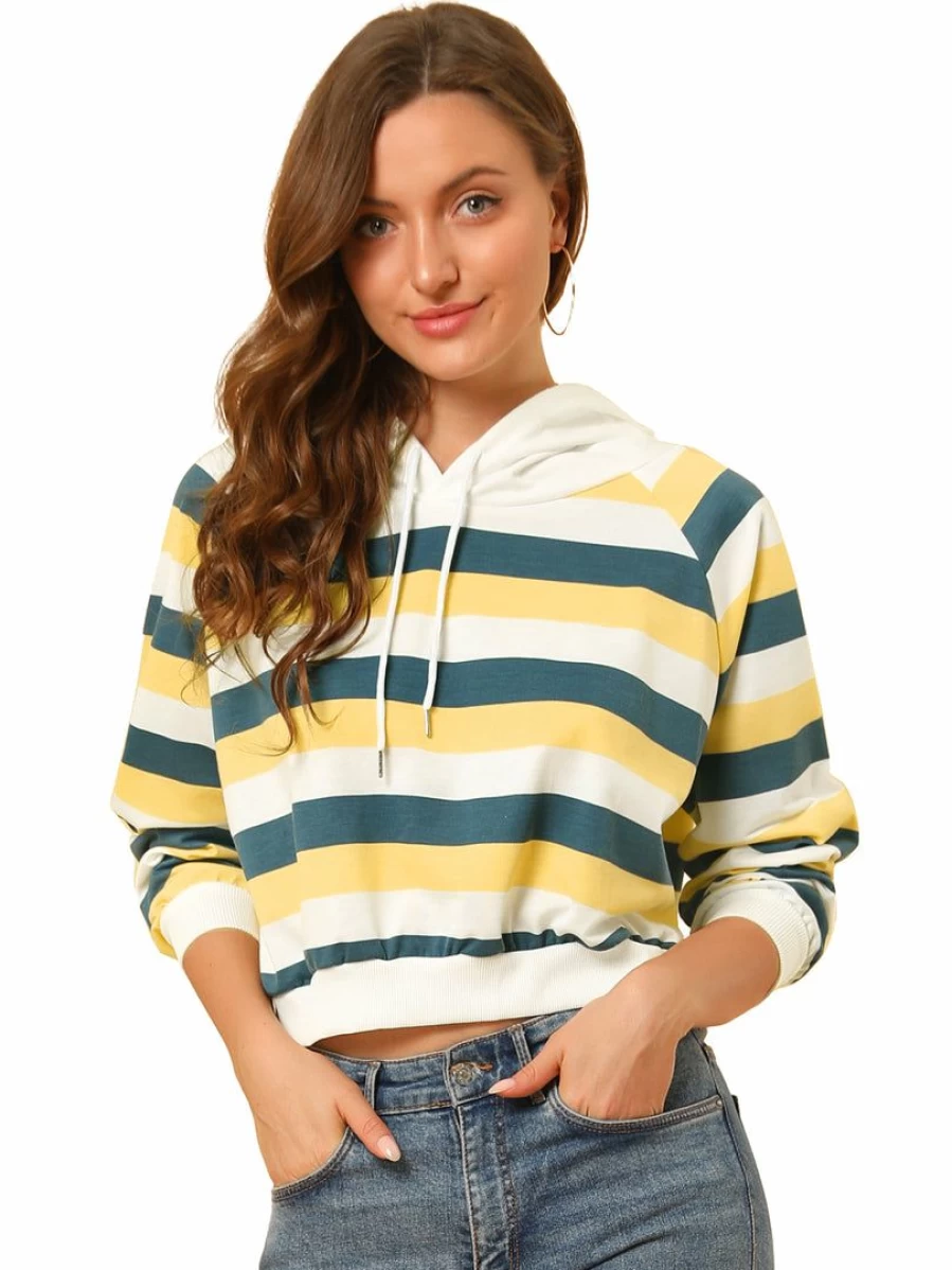 Women's Casual Striped Crop Top Hoodie - Long Sleeve Pullover Sweatshirt