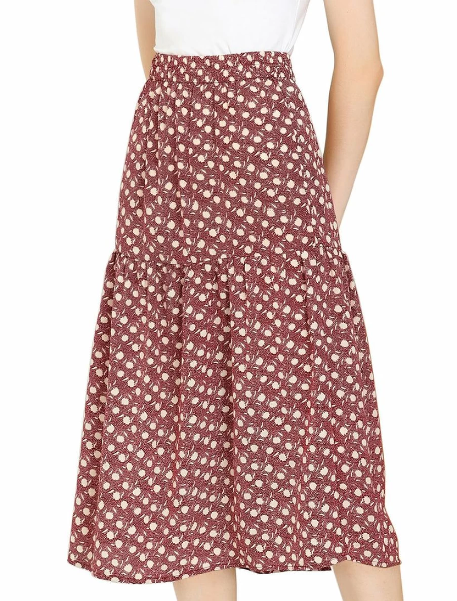 Vintage Floral Midi Skirt with Elastic Waist - Blush Red A-Line Dots Skirt for Women