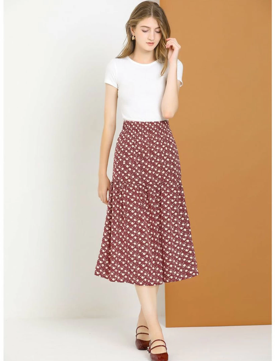 Vintage Floral Midi Skirt with Elastic Waist - Blush Red A-Line Dots Skirt for Women