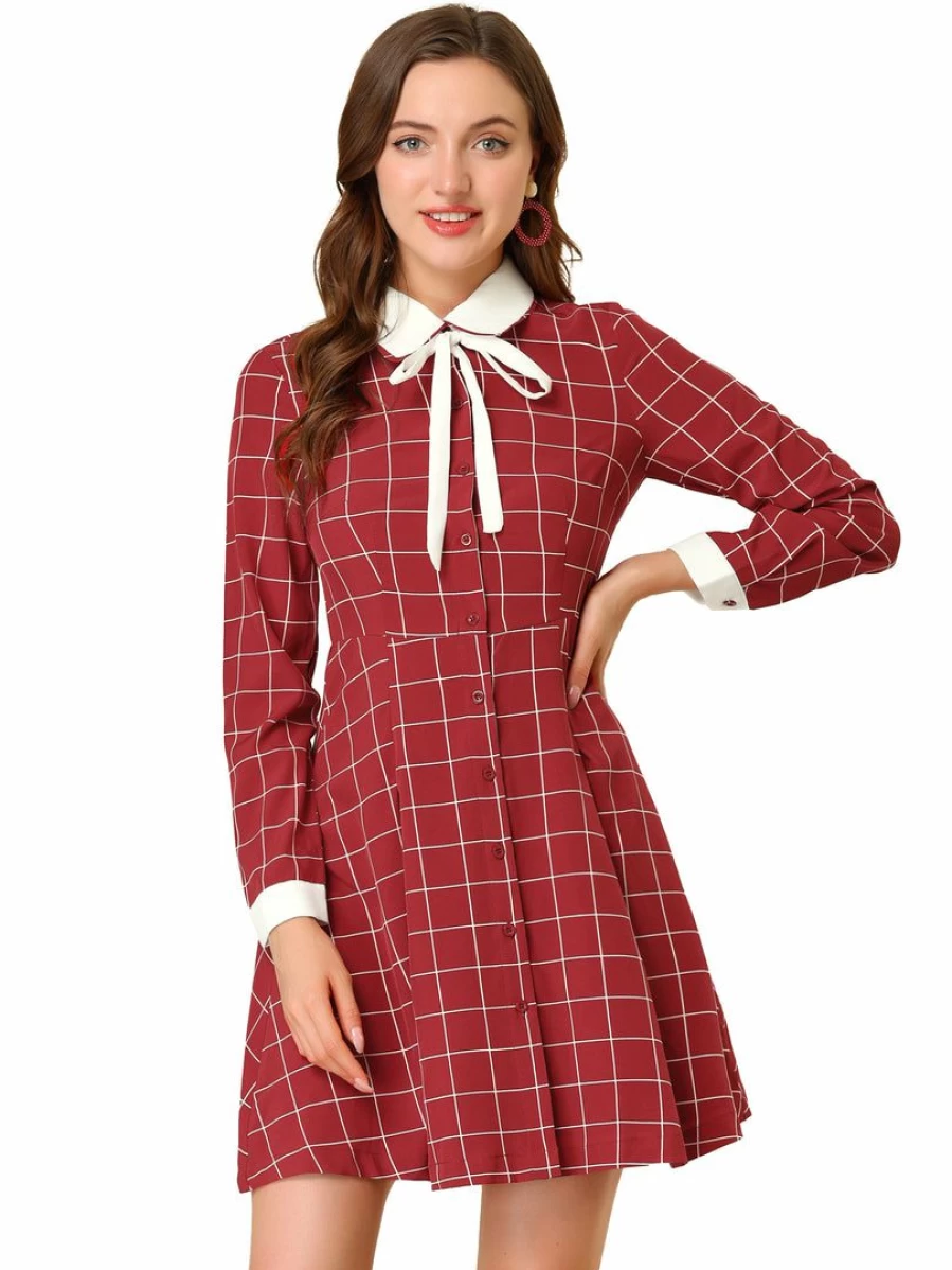 Red Vintage Plaid A-Line Dress for Women with Peter Pan Collar Contrast Details