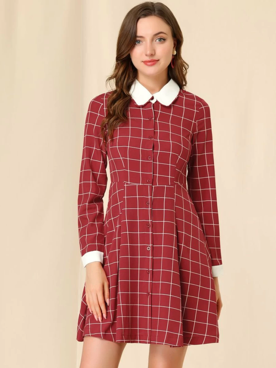 Red Vintage Plaid A-Line Dress for Women with Peter Pan Collar Contrast Details