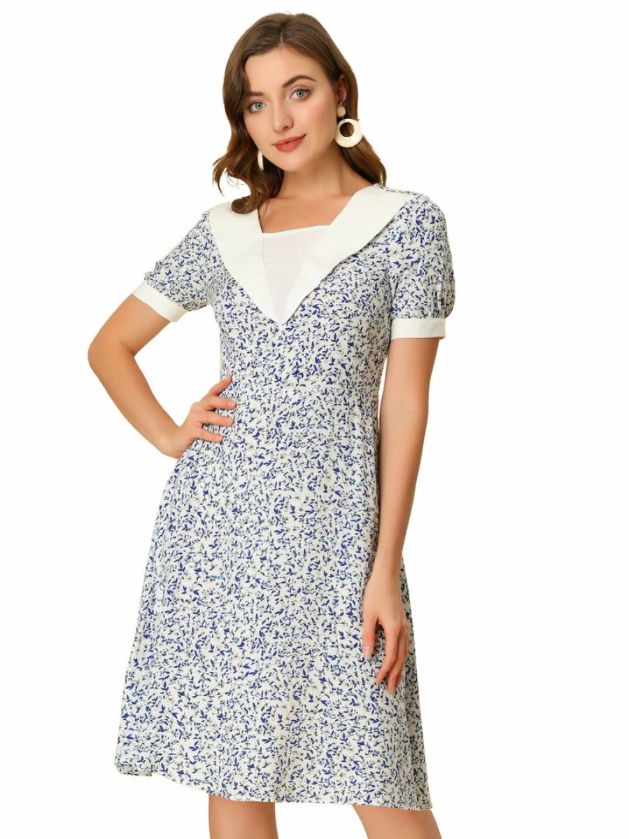 Allegra K Women's White Blue Floral A-Line Summer Dress Short Sleeve Casual Outfit