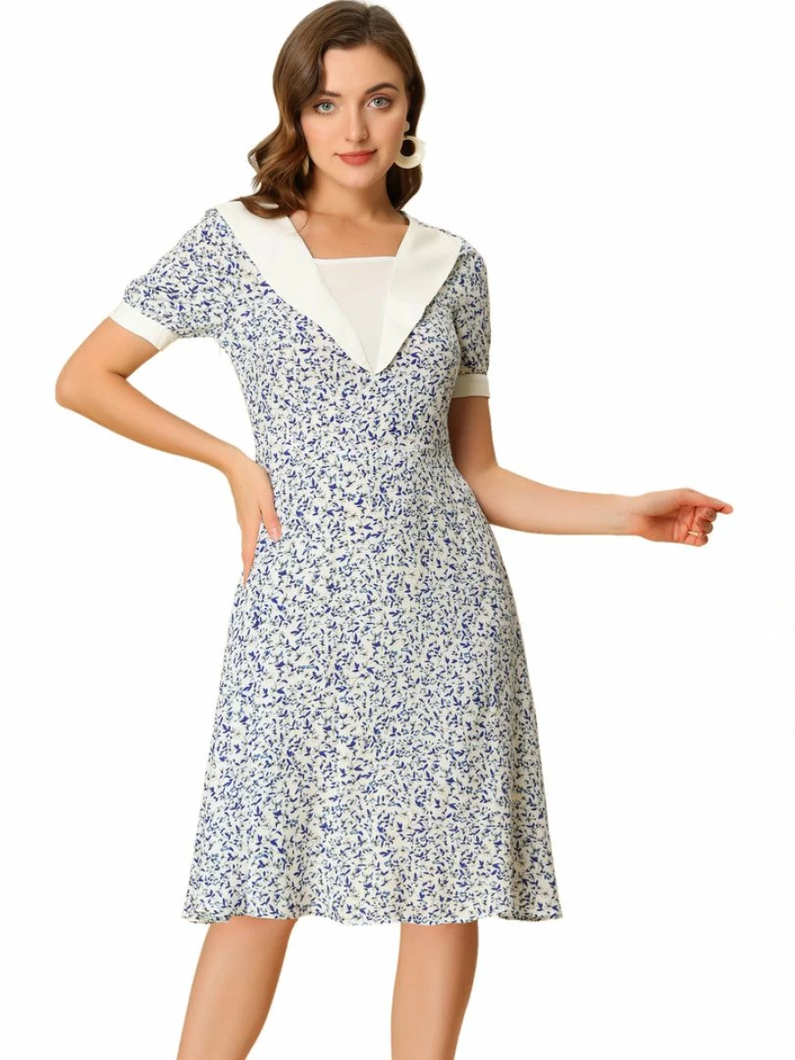 Allegra K Women's White Blue Floral A-Line Summer Dress Short Sleeve Casual Outfit