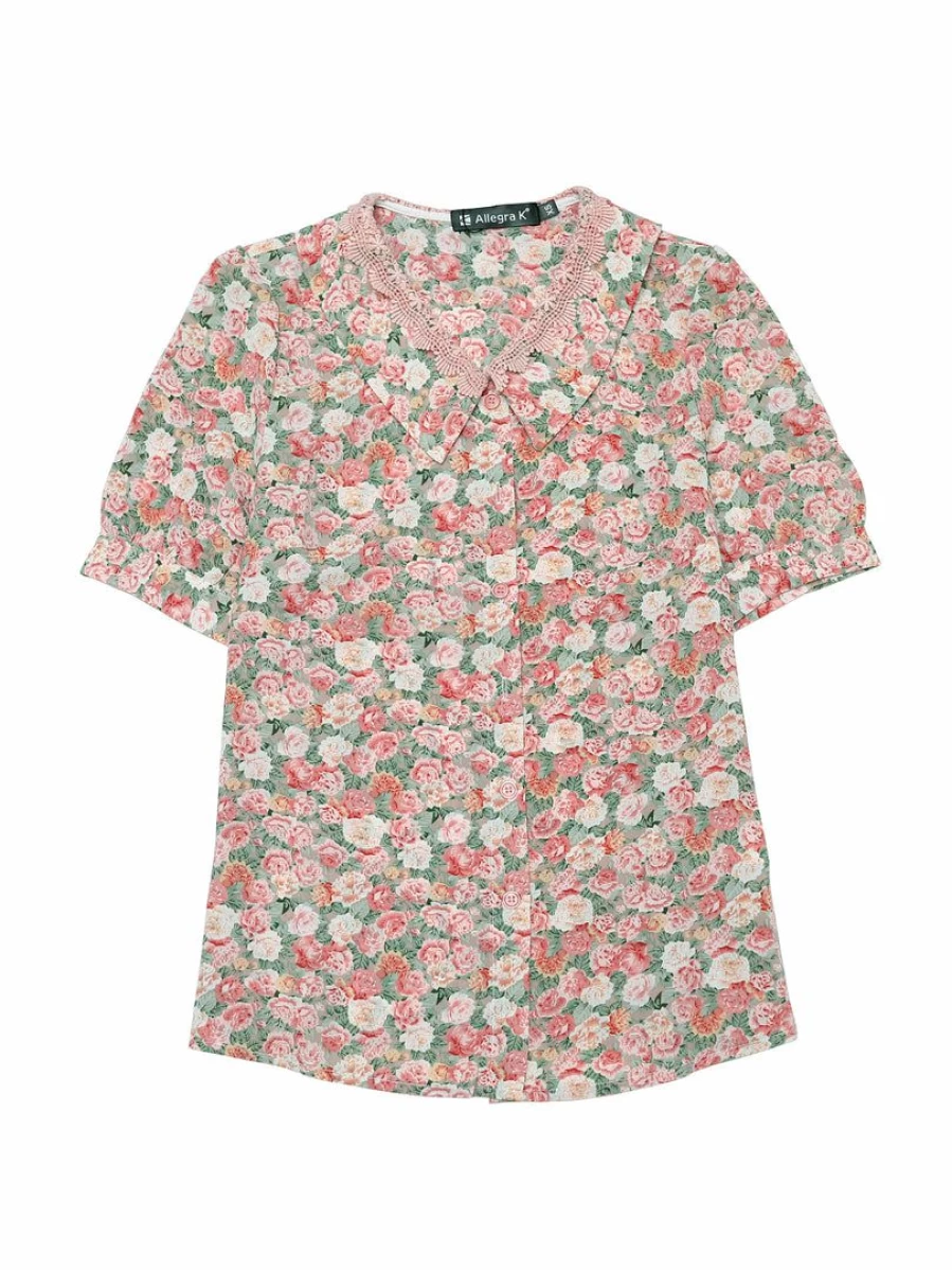 Allegra K Women's Pink Floral Lace Blouse with Point Collar and Puff Sleeves Peasant Top