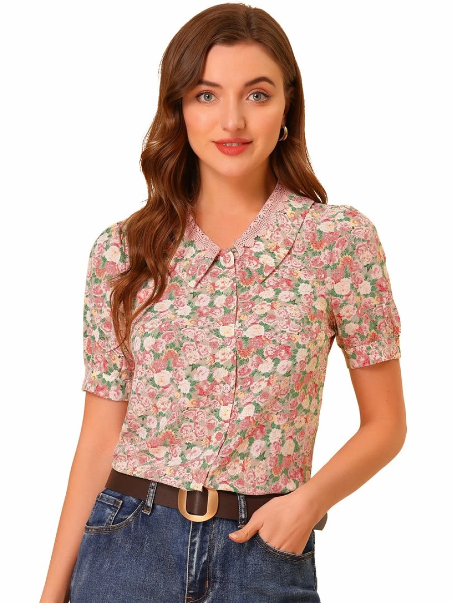 Allegra K Women's Pink Floral Lace Blouse with Point Collar and Puff Sleeves Peasant Top