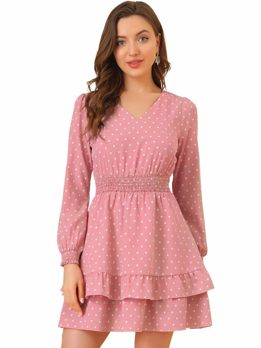 Pink Floral Print Women's V-Neck Smocked Waist Ruffled Hem Long Sleeve Dress