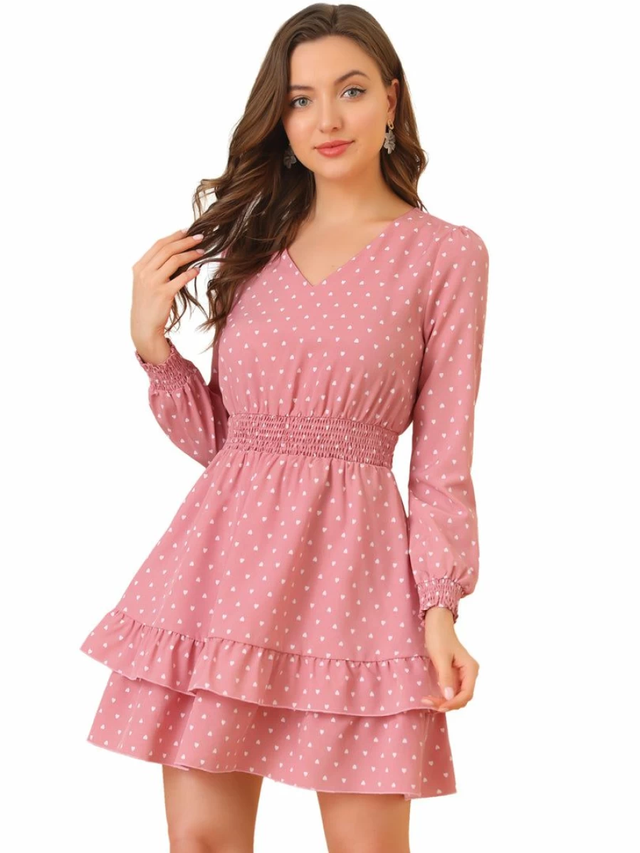 Pink Floral Print Women's V-Neck Smocked Waist Ruffled Hem Long Sleeve Dress