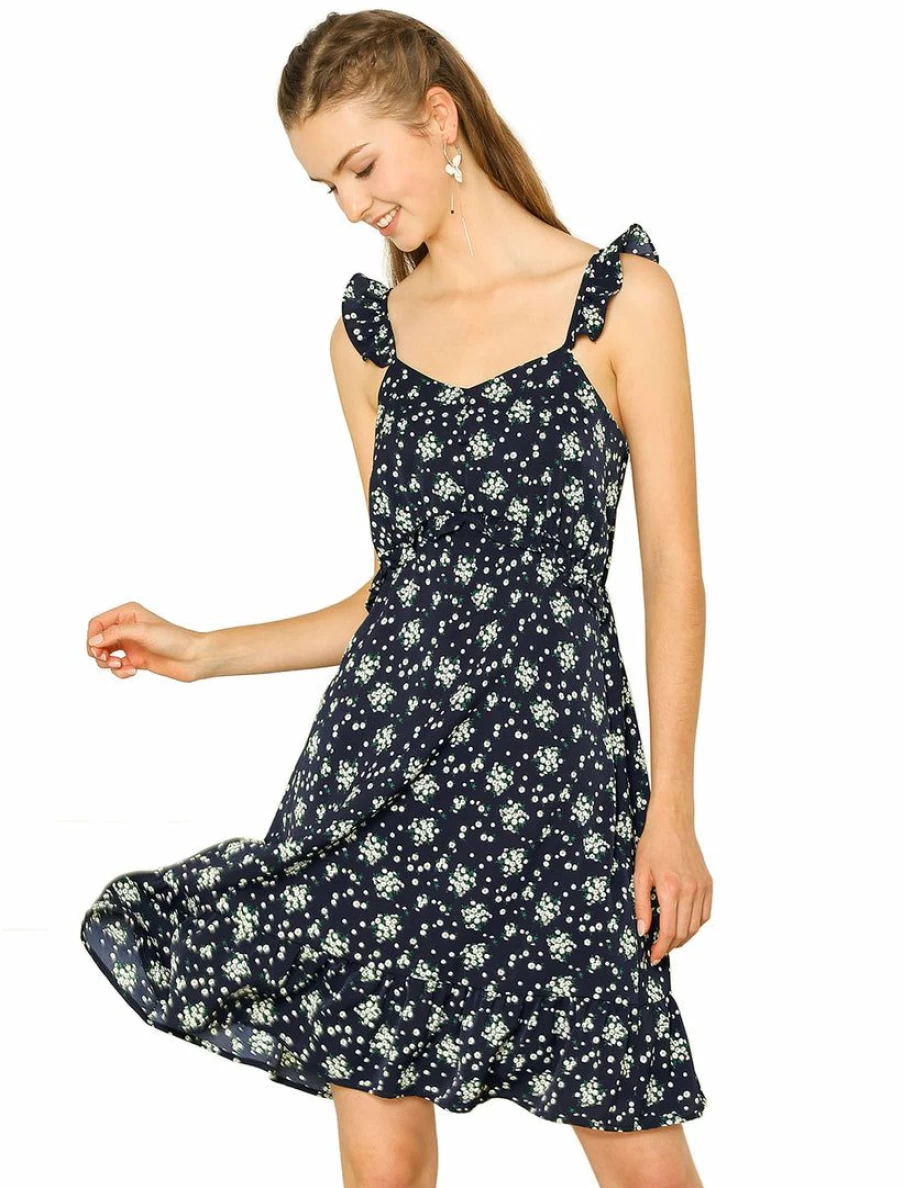 Navy Blue Floral Print Chiffon Beach Dress with Ruffle Spaghetti Strap for Women