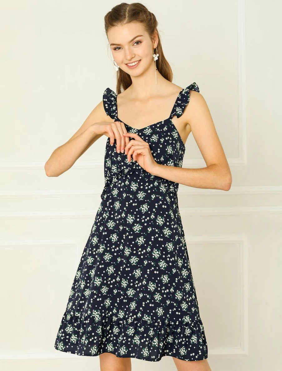 Navy Blue Floral Print Chiffon Beach Dress with Ruffle Spaghetti Strap for Women