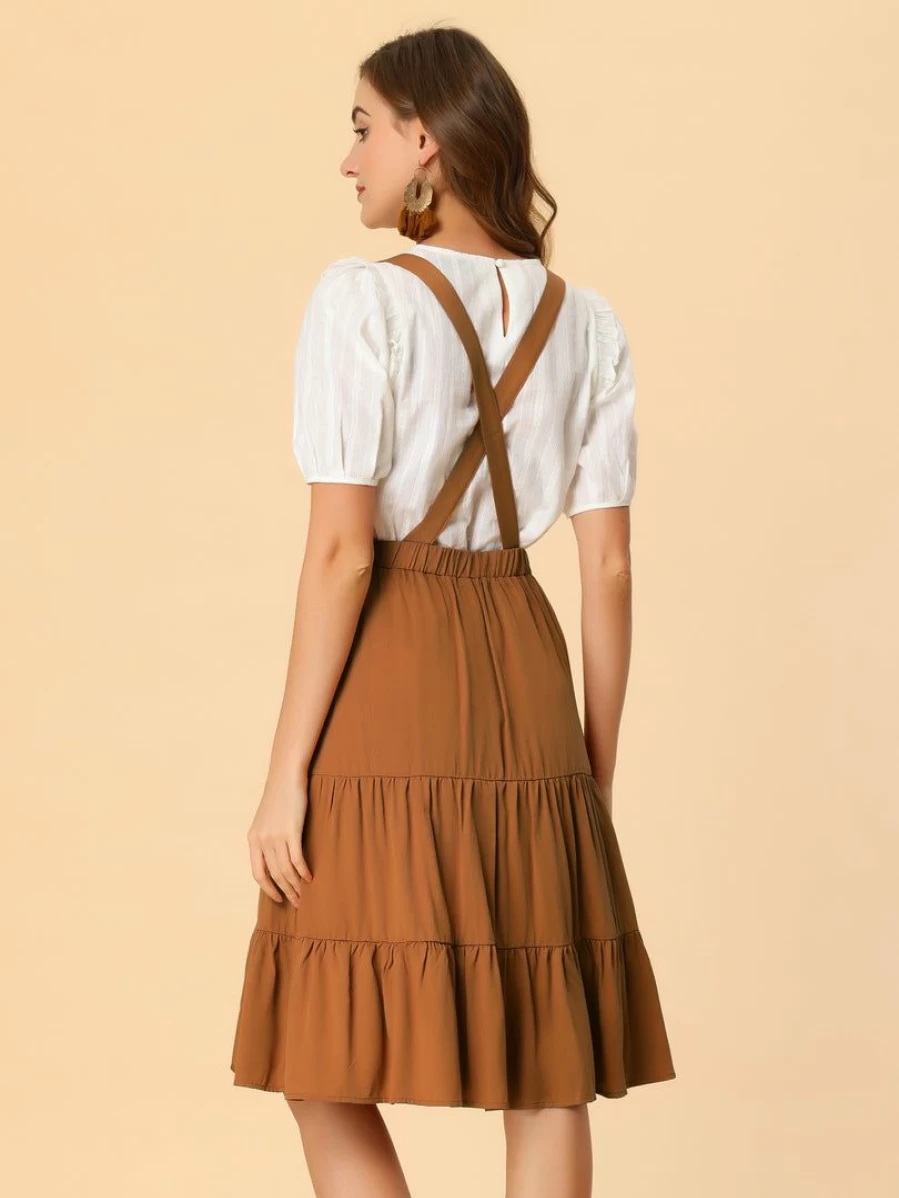 Allegra K Women's Brown Pleated Suspender Dress with Ruffle Hem Below The Knee