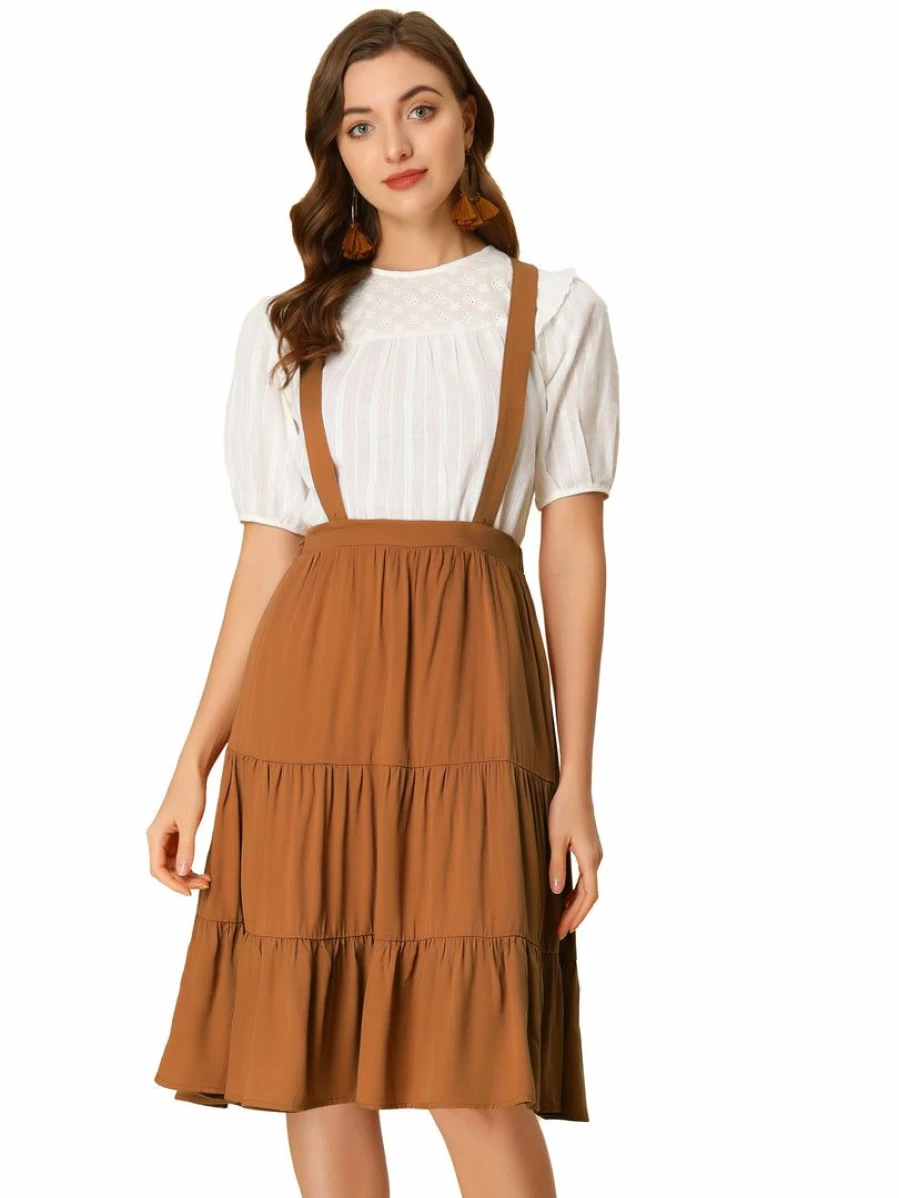 Allegra K Women's Brown Pleated Suspender Dress with Ruffle Hem Below The Knee