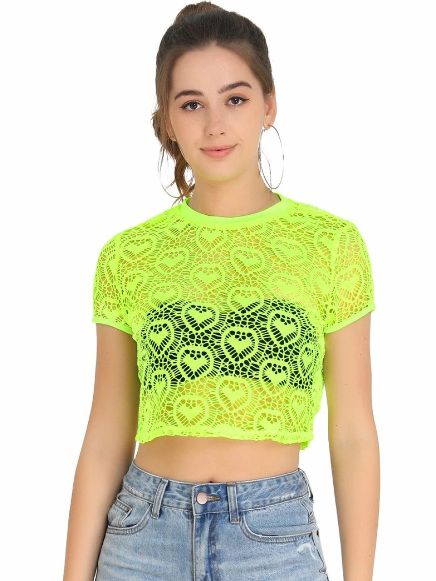 Neon Green Sheer Mesh Short Sleeve Round Neck Sport Top with Heart Pattern for Women