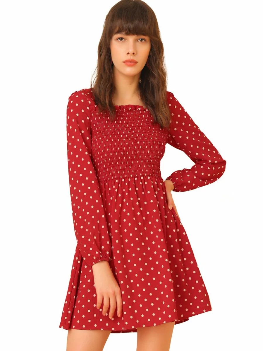 Allegra K Women's Red Long Sleeve Polka Dot Ruffle Hem Dress