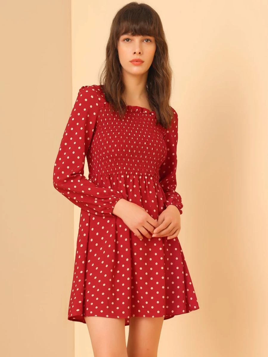 Allegra K Women's Red Long Sleeve Polka Dot Ruffle Hem Dress