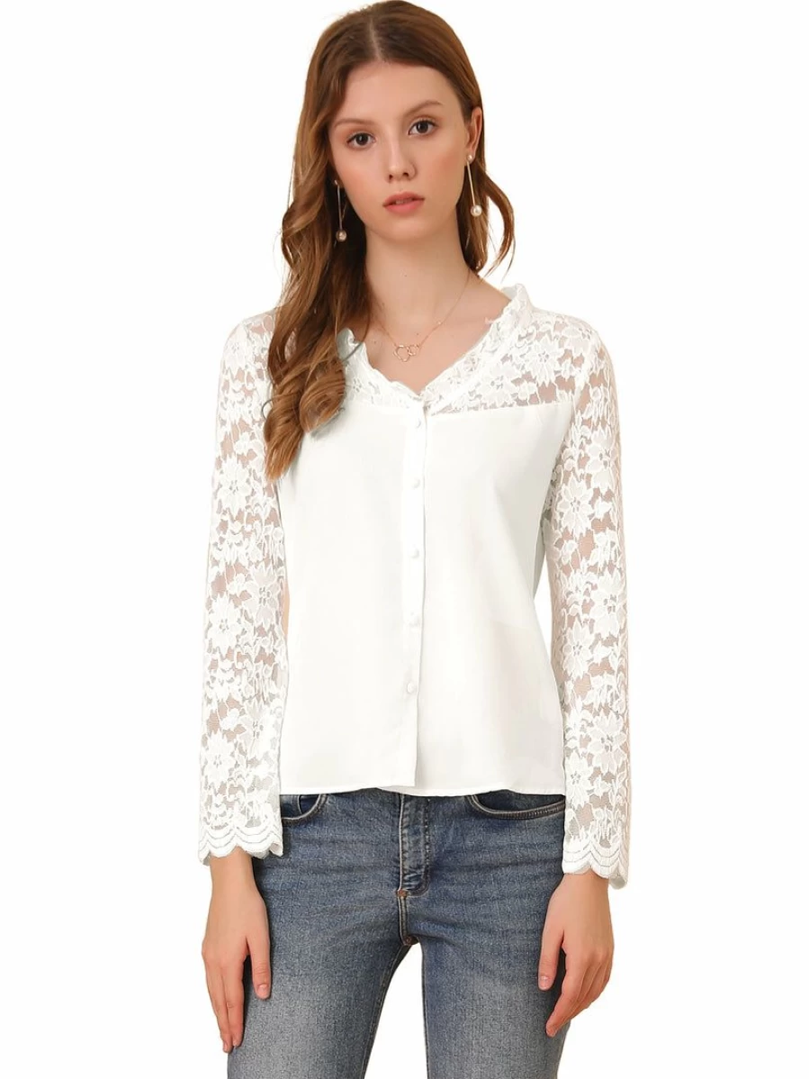 Allegra K Women's White Chiffon Blouse with Lace Floral Panel, Ruffle Trim V-Neck, Long Sleeves, and Button Front