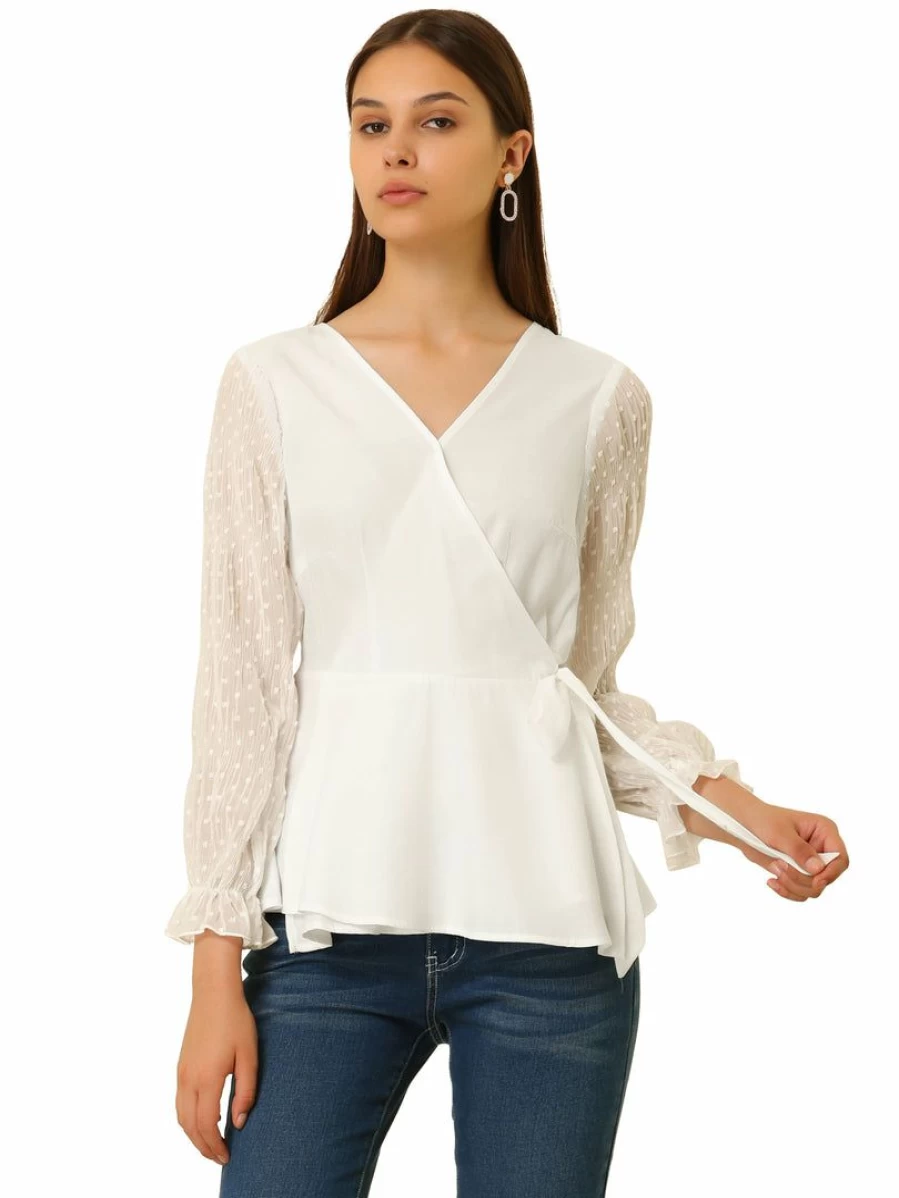 Women's White Chiffon Wrap Top with Bow Tie Waist, Puff Sleeves, and V-Neck - Semi-Sheer Swiss Dot Blouse