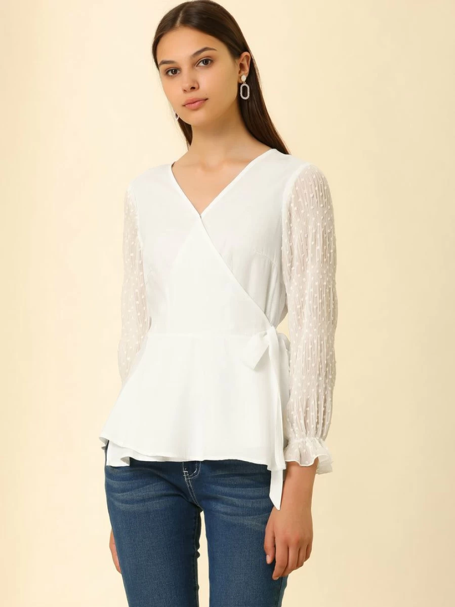 Women's White Chiffon Wrap Top with Bow Tie Waist, Puff Sleeves, and V-Neck - Semi-Sheer Swiss Dot Blouse